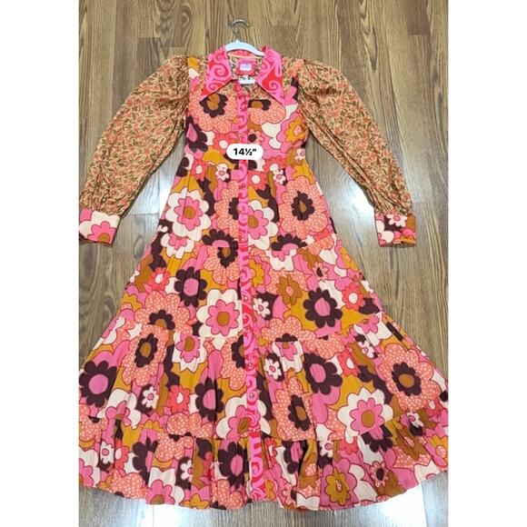 CELIAB retro Satin Monte Rosa Floral Button-Front Tiered Midi Sun Dress XS - Picture 3 of 12